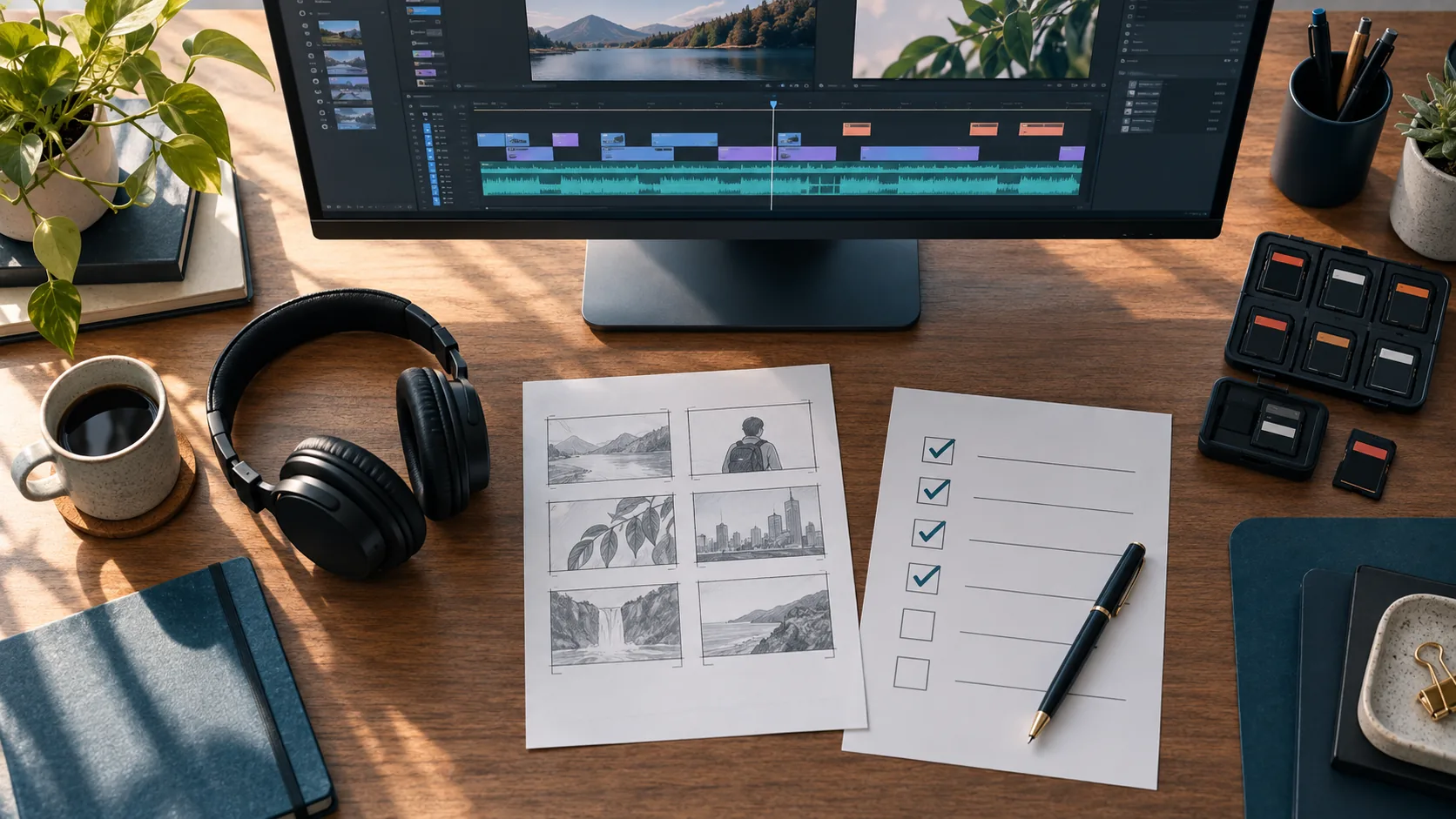 Video editing workstation with a timeline, storyboard frames and a paid-test evaluation checklist